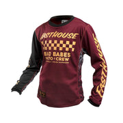 Girls' maroon crew jersey with long sleeves and bold front checkered graphic