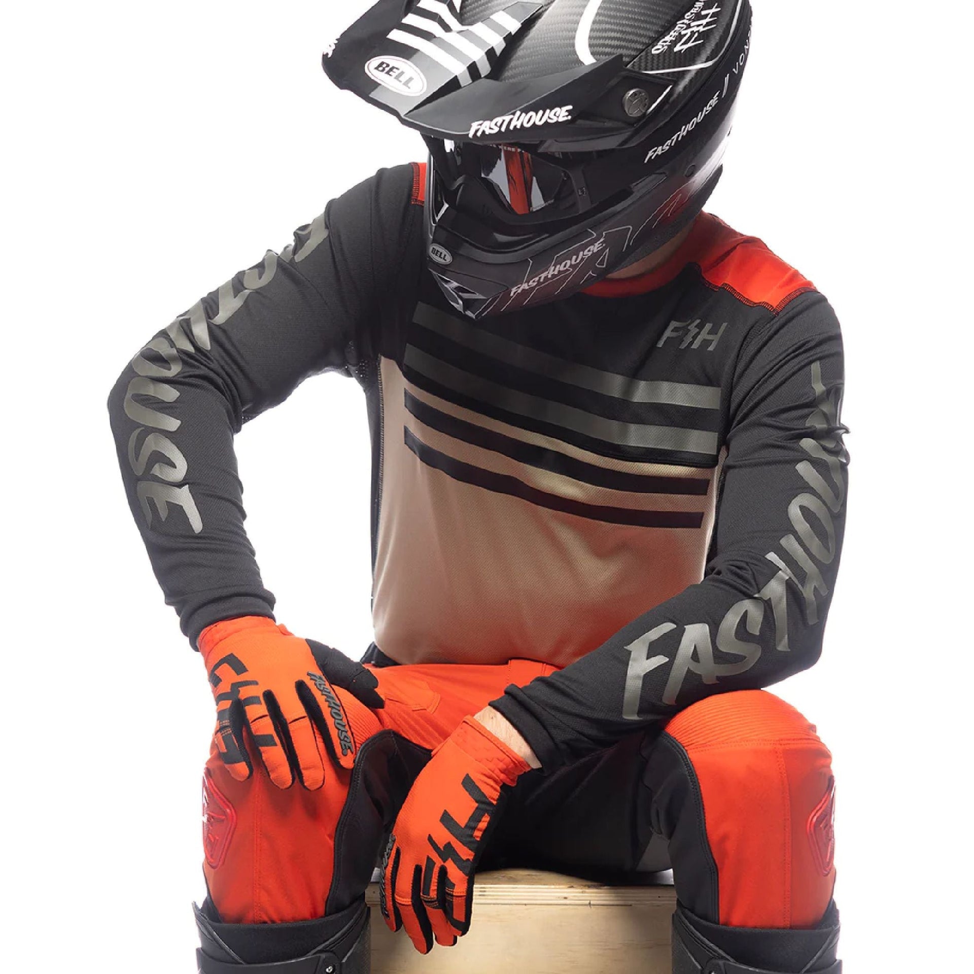Long-sleeve cycling jersey, black with cream chest stripes and orange accent trim