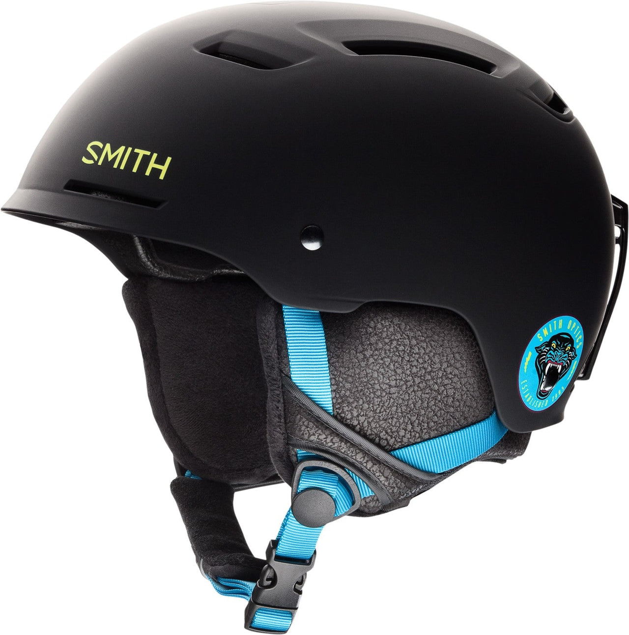 Smith Pivot snow helmet, matte black with blue ear pads and chin strap
