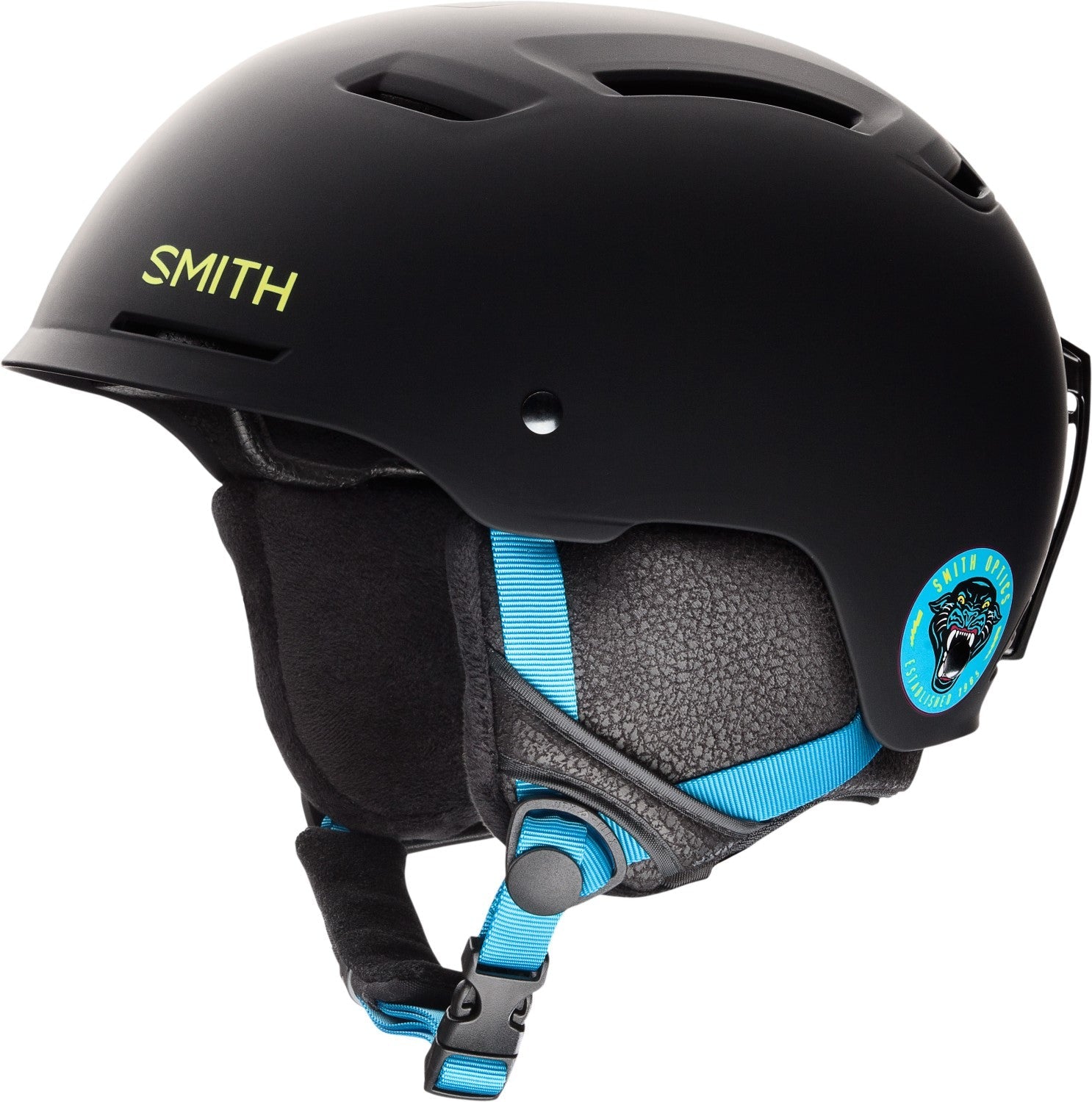 Smith Pivot snow helmet, matte black with blue ear pads and chin strap