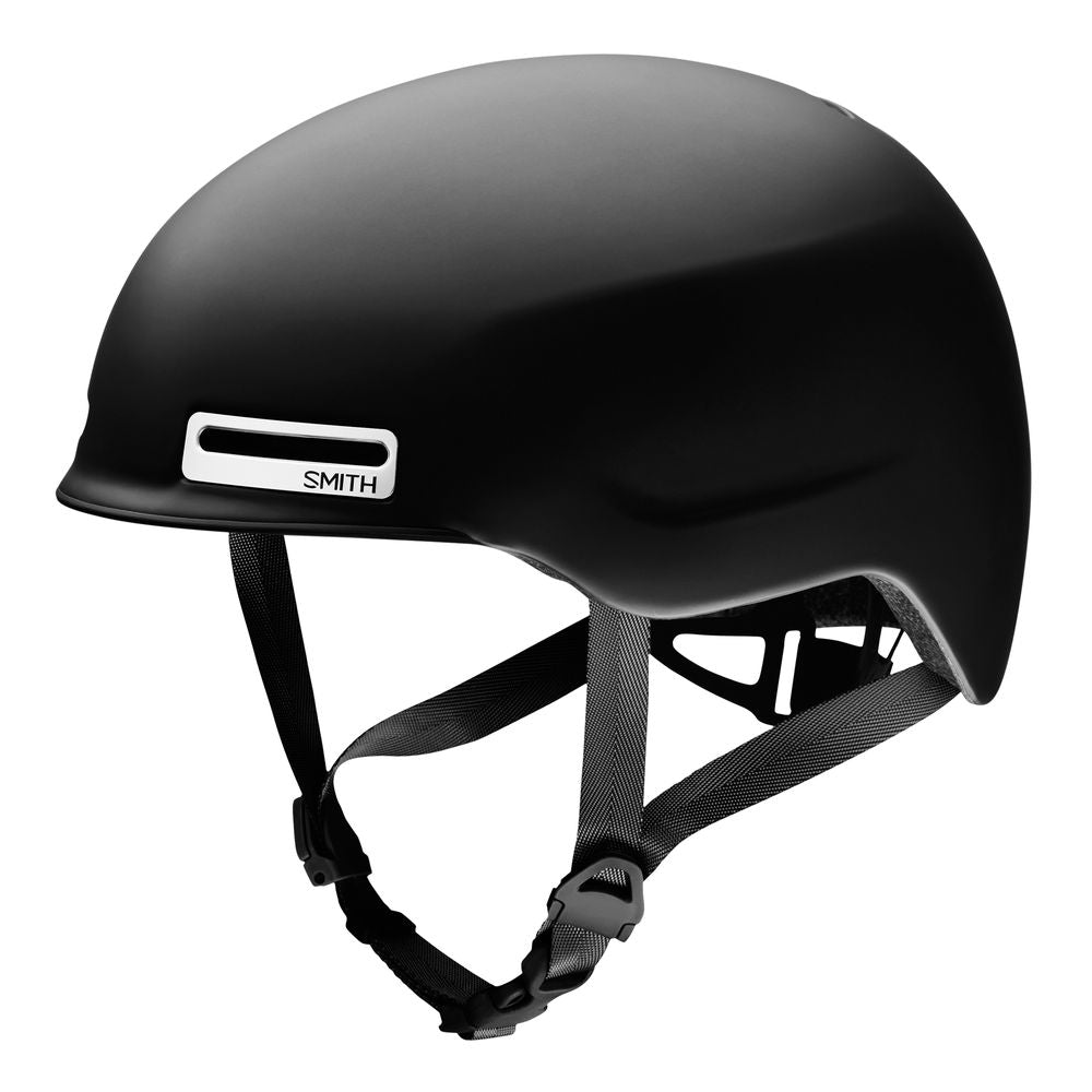 Matte black bike helmet with Smith logo and chin straps