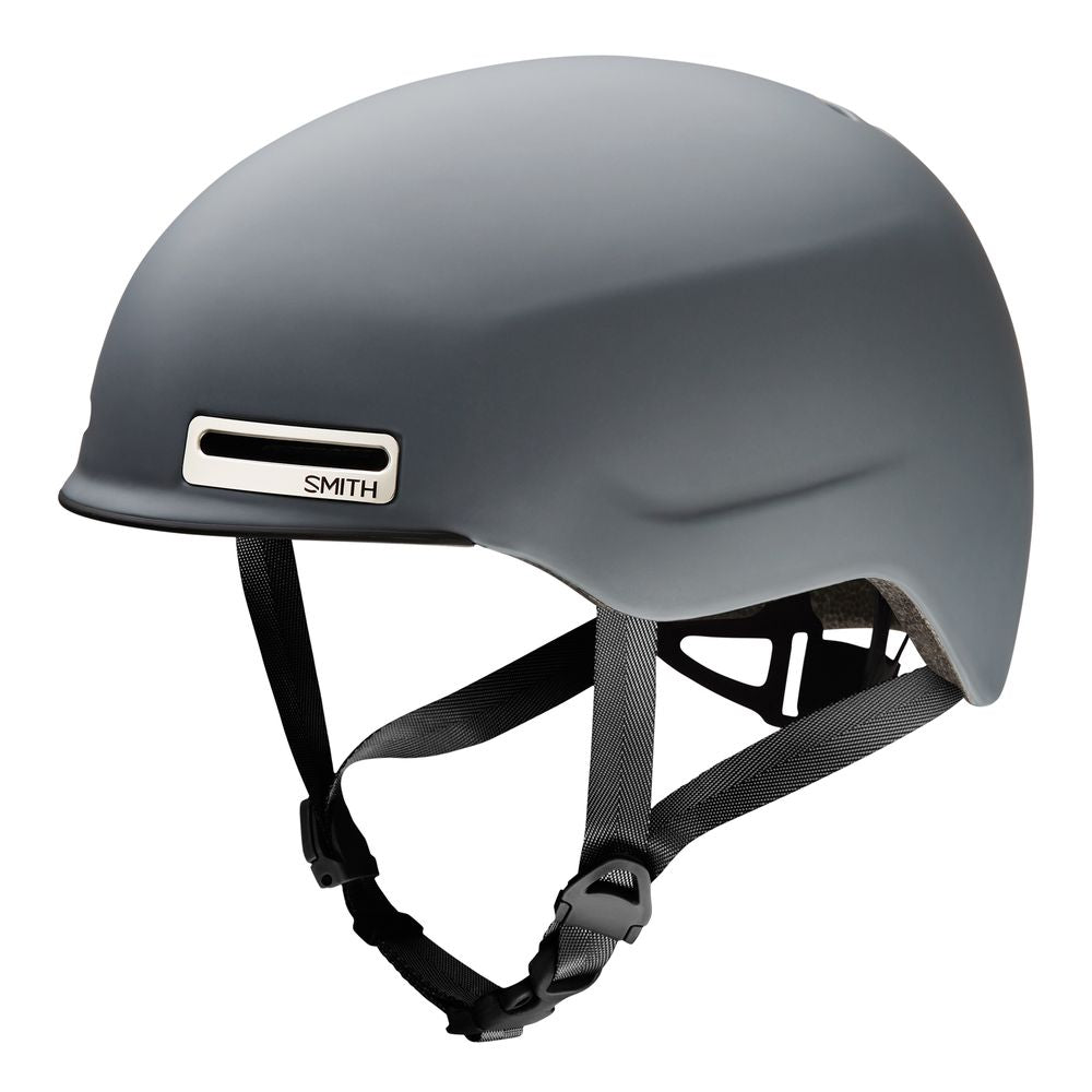 Matte cement bike helmet with Smith logo and chin straps