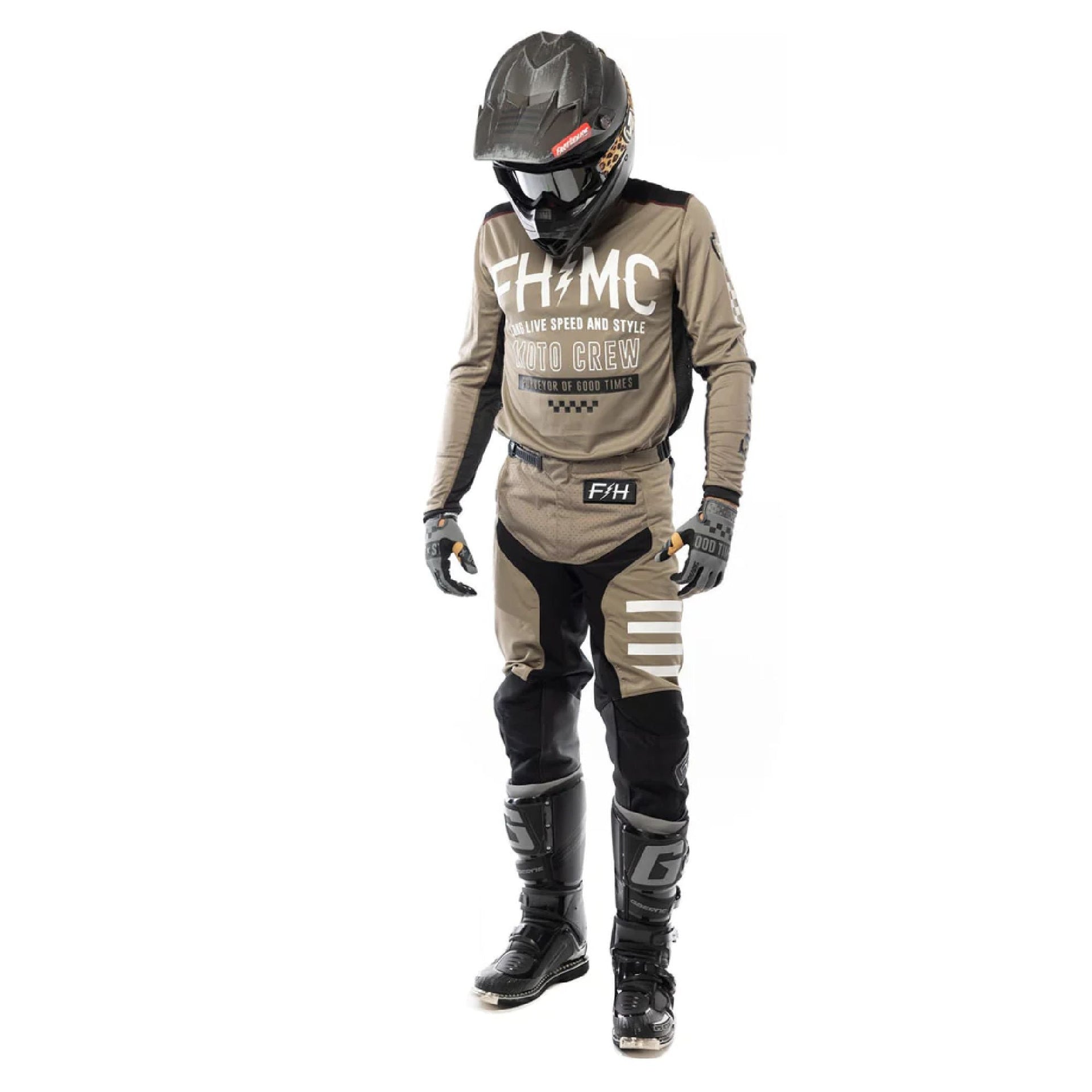 Tan and black motocross pants with F4H logo patch and white stripe graphics