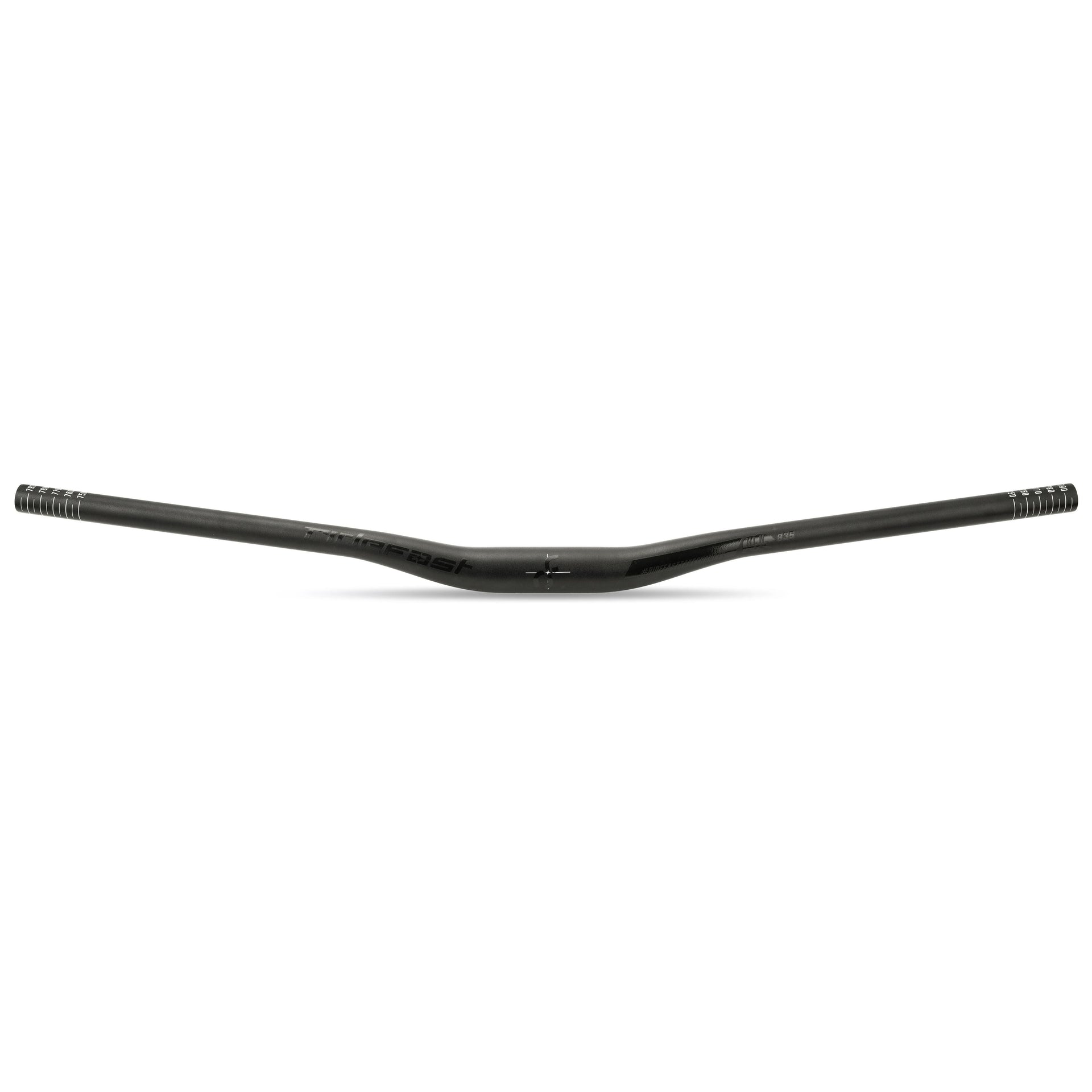 Black alloy handlebar with stealth graphics, curved rise and straight grips