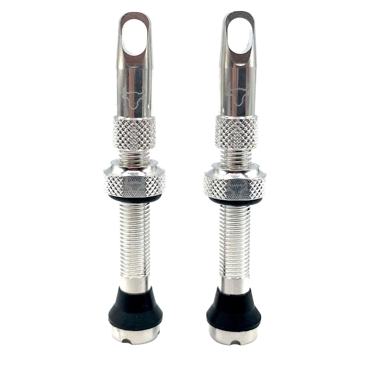 Silver cycling tubeless valve stems with mesh grip and rubber base, 2-pack
