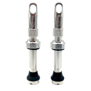 Silver cycling tubeless valve stems with mesh grip and rubber base, 2-pack