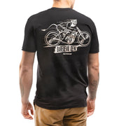 Black T-shirt on model with large back motorcycle racer graphic