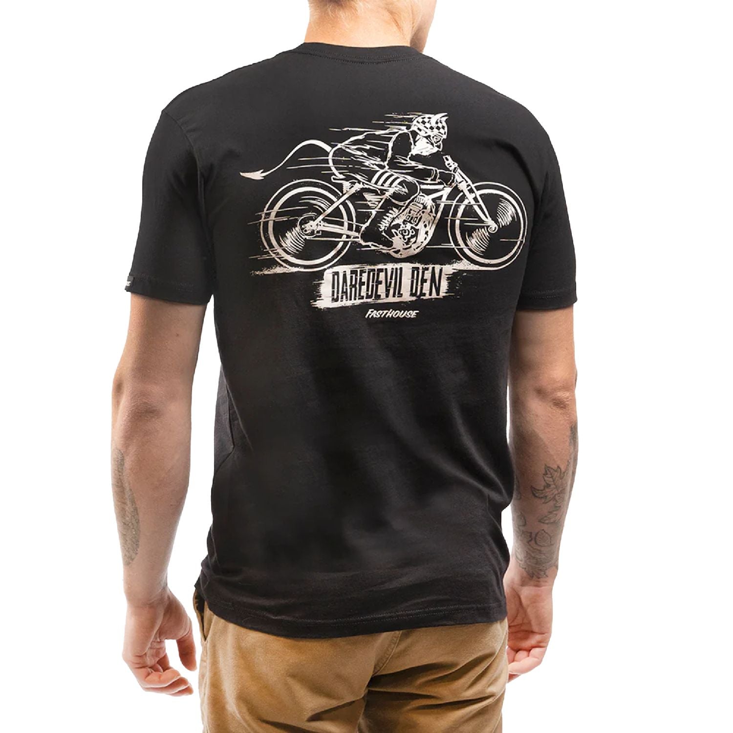 Black T-shirt on model with large back motorcycle racer graphic