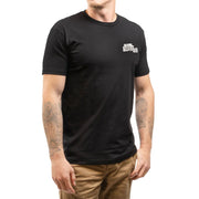 Black T-shirt on model with small chest logo print