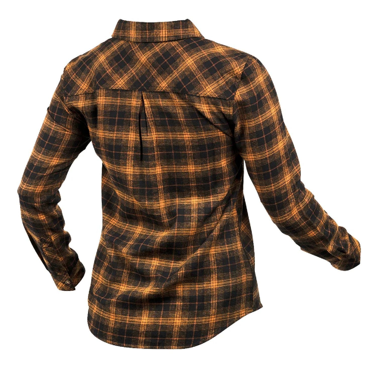 Women’s flannel shirt in brown-and-gold plaid, back view with curved yoke seam