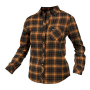 Women’s flannel shirt in brown-and-gold plaid with button front and chest pocket