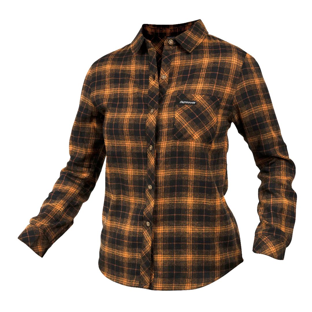Women’s flannel shirt in brown-and-gold plaid with button front and chest pocket