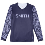 Women’s MTB jersey, dark indigo with white wavy sleeves and SMITH logo, V-neck