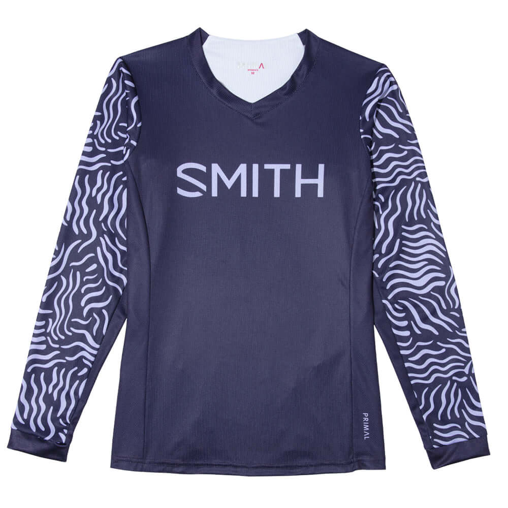 Women’s MTB jersey, dark indigo with white wavy sleeves and SMITH logo, V-neck