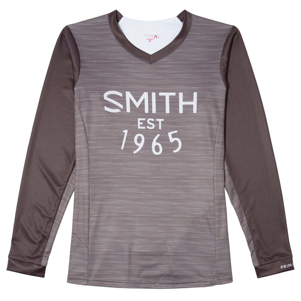 Women’s MTB jersey, heather gray with SMITH EST 1965 print, long sleeves, V-neck