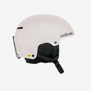 White snow helmet with black chin strap and SandboxR logo