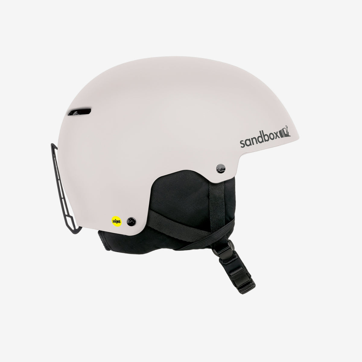 White snow helmet with black chin strap and SandboxR logo
