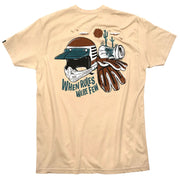 Sand short-sleeve T-shirt with large back graphic of helmets, cactus, and text