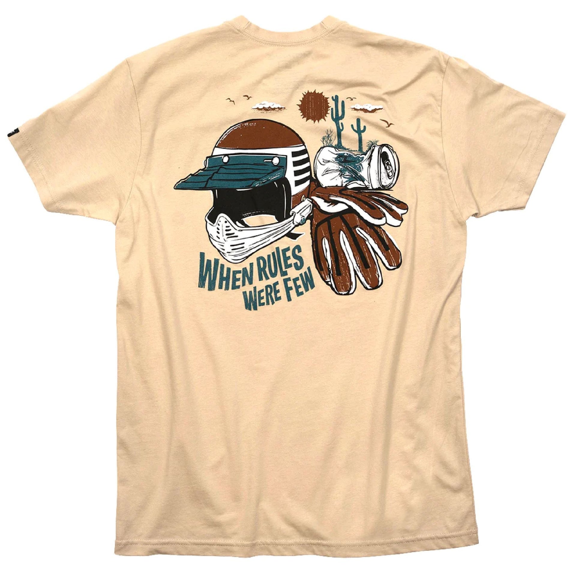 Sand short-sleeve T-shirt with large back graphic of helmets, cactus, and text
