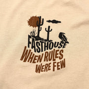 Sand short-sleeve T-shirt close-up graphic with cactus and bold stacked text