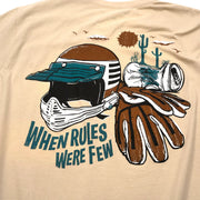 Sand short-sleeve T-shirt close-up back graphic with helmet faces and striped details
