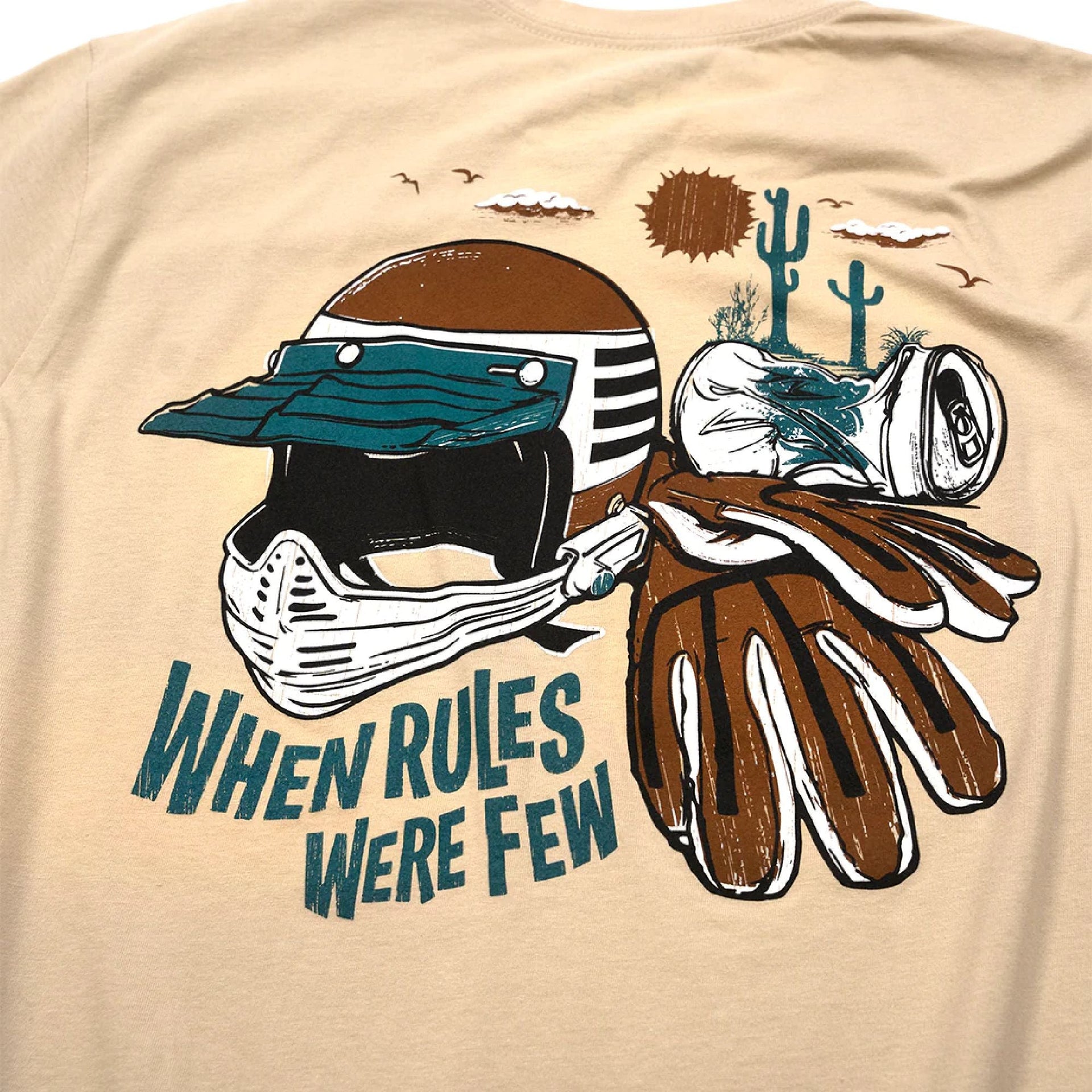 Sand short-sleeve T-shirt close-up back graphic with helmet faces and striped details