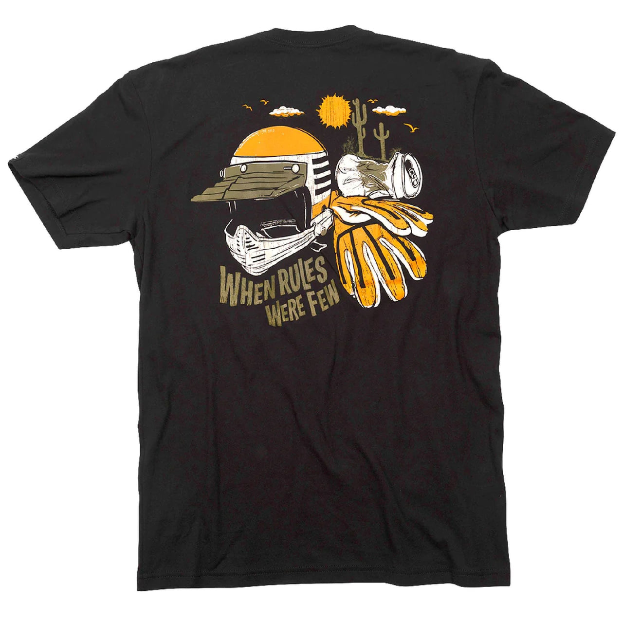 Black short-sleeve T-shirt with large back graphic of helmets, cactus, and text