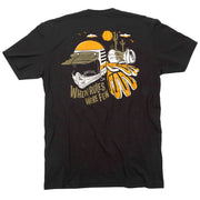 Black short-sleeve T-shirt with large back graphic of helmets, cactus, and text