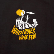 Black short-sleeve T-shirt close-up graphic with cactus, bird, and bold text