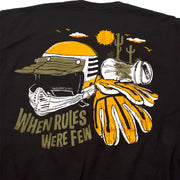 Black short-sleeve T-shirt close-up back graphic with helmet faces and striped details