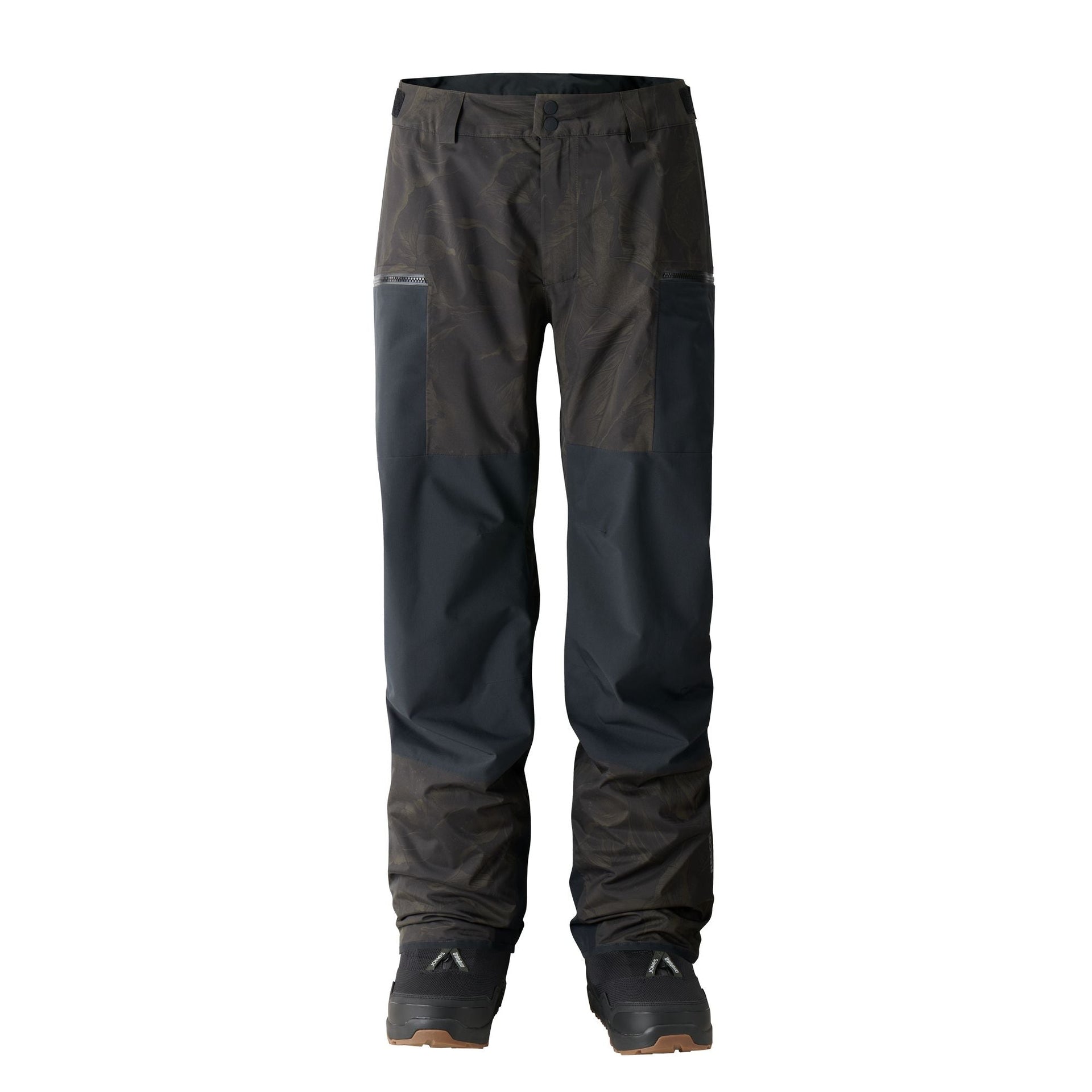 Black two-tone snow pants with adjustable waist and taped cuffs