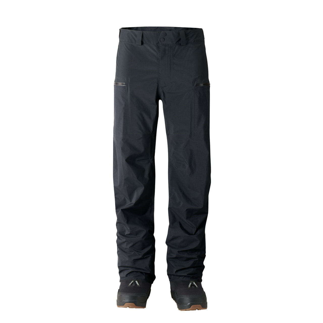Black waterproof snow pants with reinforced ankle cuffs