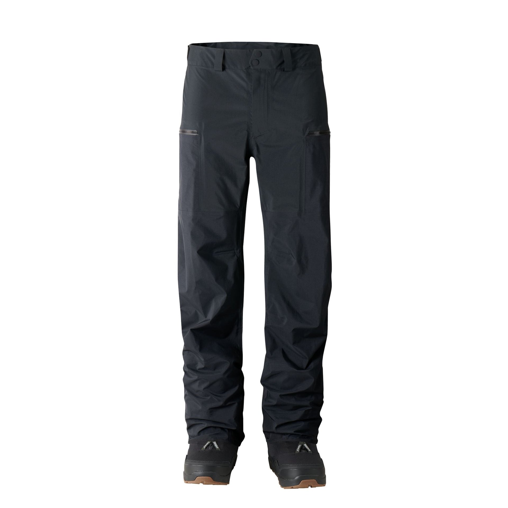 Black waterproof snow pants with reinforced ankle cuffs