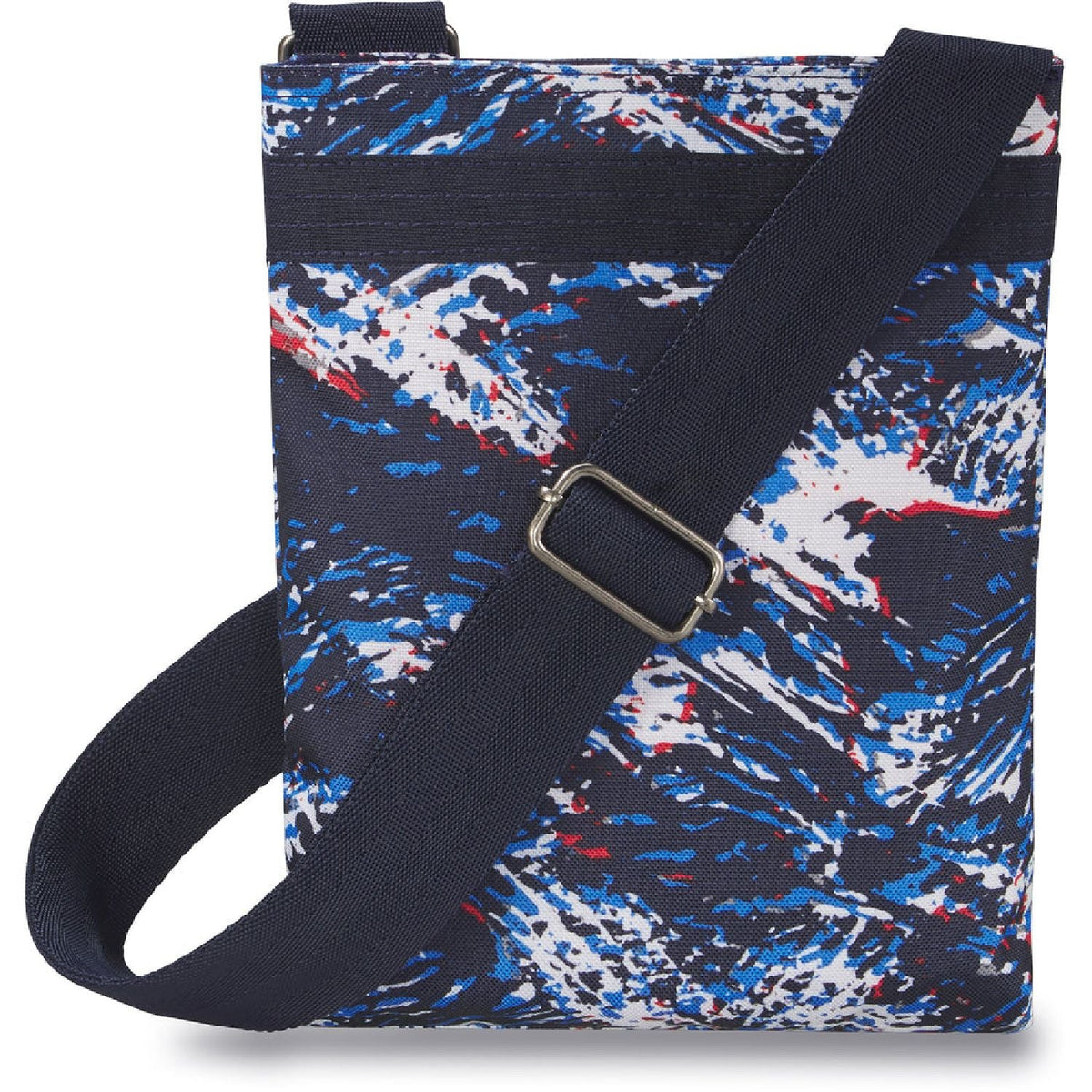 Blue splatter crossbody bag with wide shoulder strap and front zip pocket, Dakine