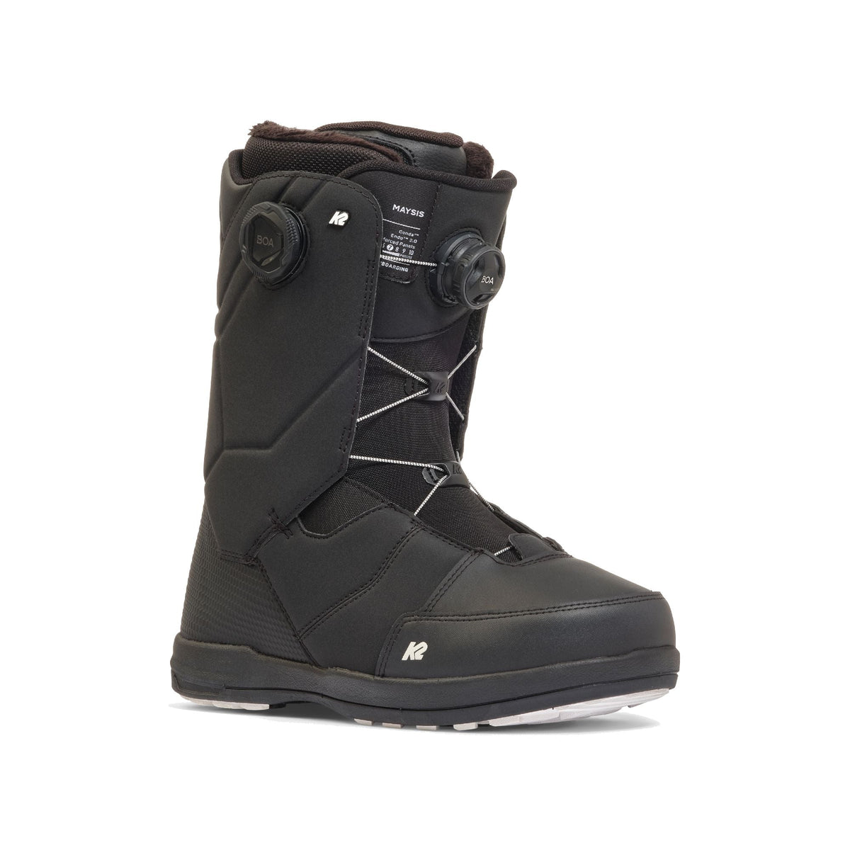 K2 Maysis snowboard boot in black with BOA dial, lace-up, and padded collar