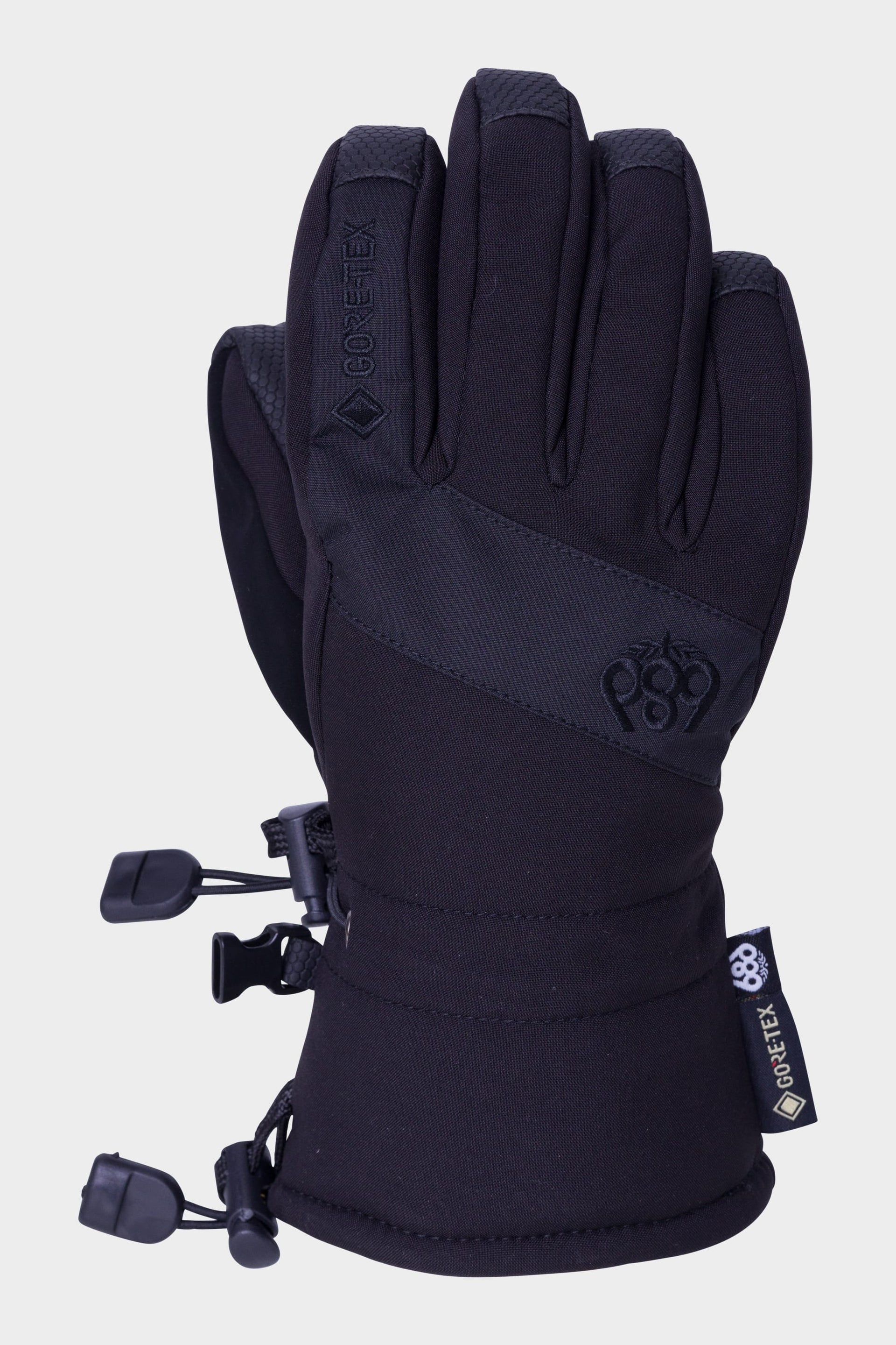Youth GORE-TEX gloves, dark palm with stitched grip panel and wrist pull straps