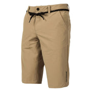 Khaki Fasthouse kicker shorts with button waist and black drawstring tie front