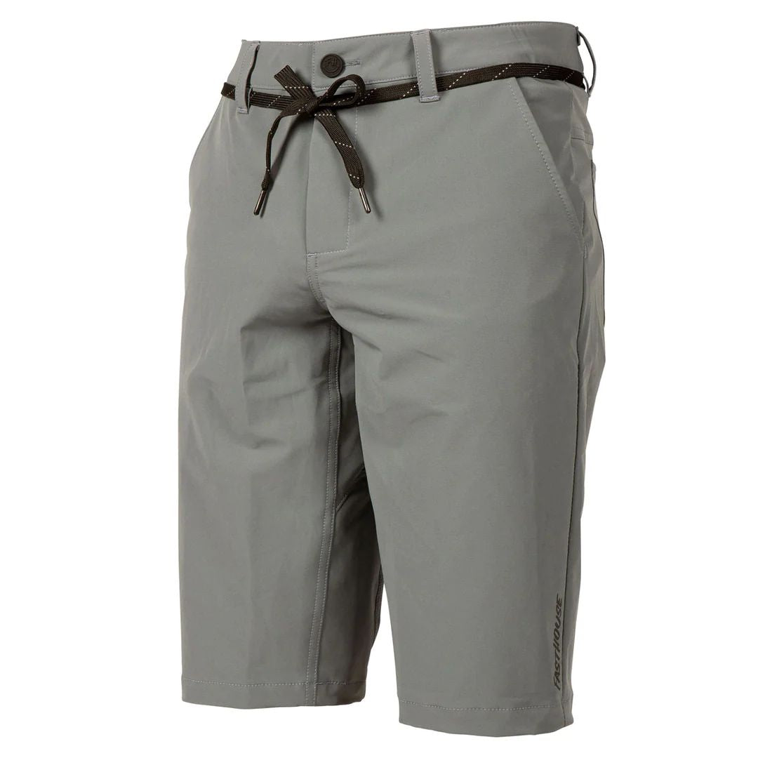 Gray Fasthouse kicker shorts with button waist and brown drawstring tie front