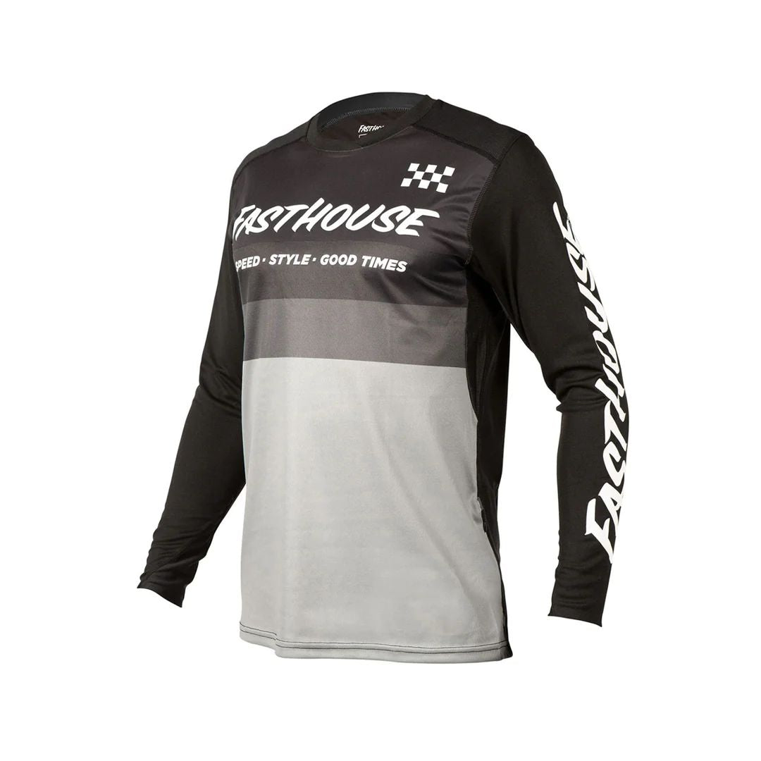 Youth long-sleeve riding jersey in black, gray, and white with checkered logo