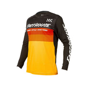Youth long-sleeve riding jersey in black with yellow torso and checkered logo