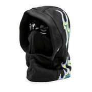 Youth fleece hoodie in black with colorful flame graphics and front hood pouch pocket