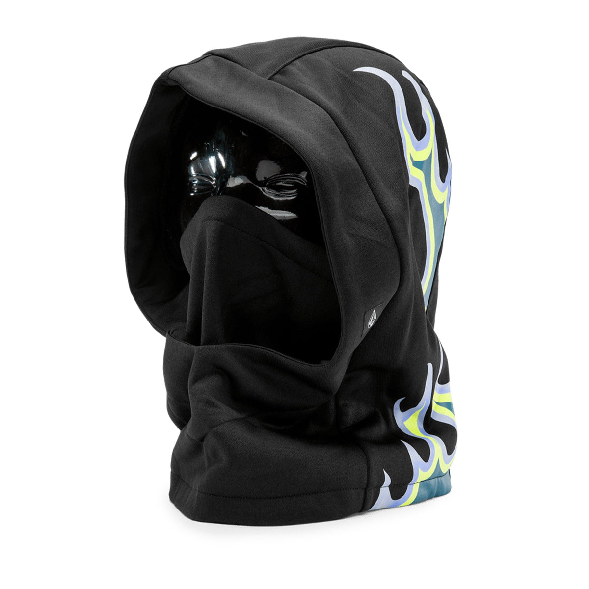 Youth fleece hoodie in black with colorful flame graphics and front hood pouch pocket