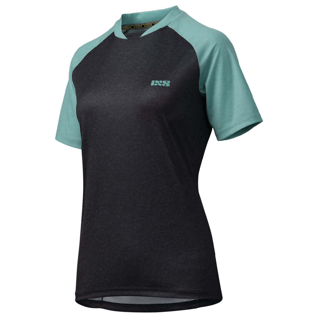 Women’s riding jersey, black with turquoise raglan sleeves and chest logo