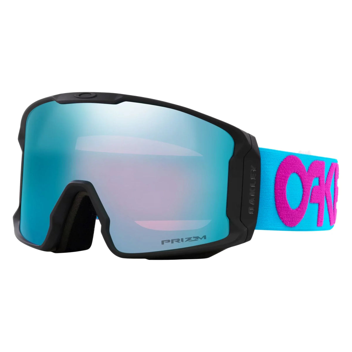 Ski goggles with black frame and blue mirrored lens, pink logo strap