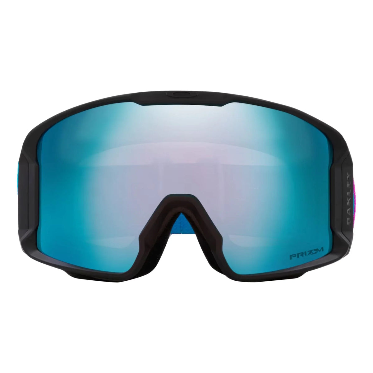Ski goggles front view with blue mirrored lens and black frame, PRIZM mark on lens