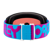 Ski goggles head strap close-up, blue webbing with pink OAKLEY text and white adjust block