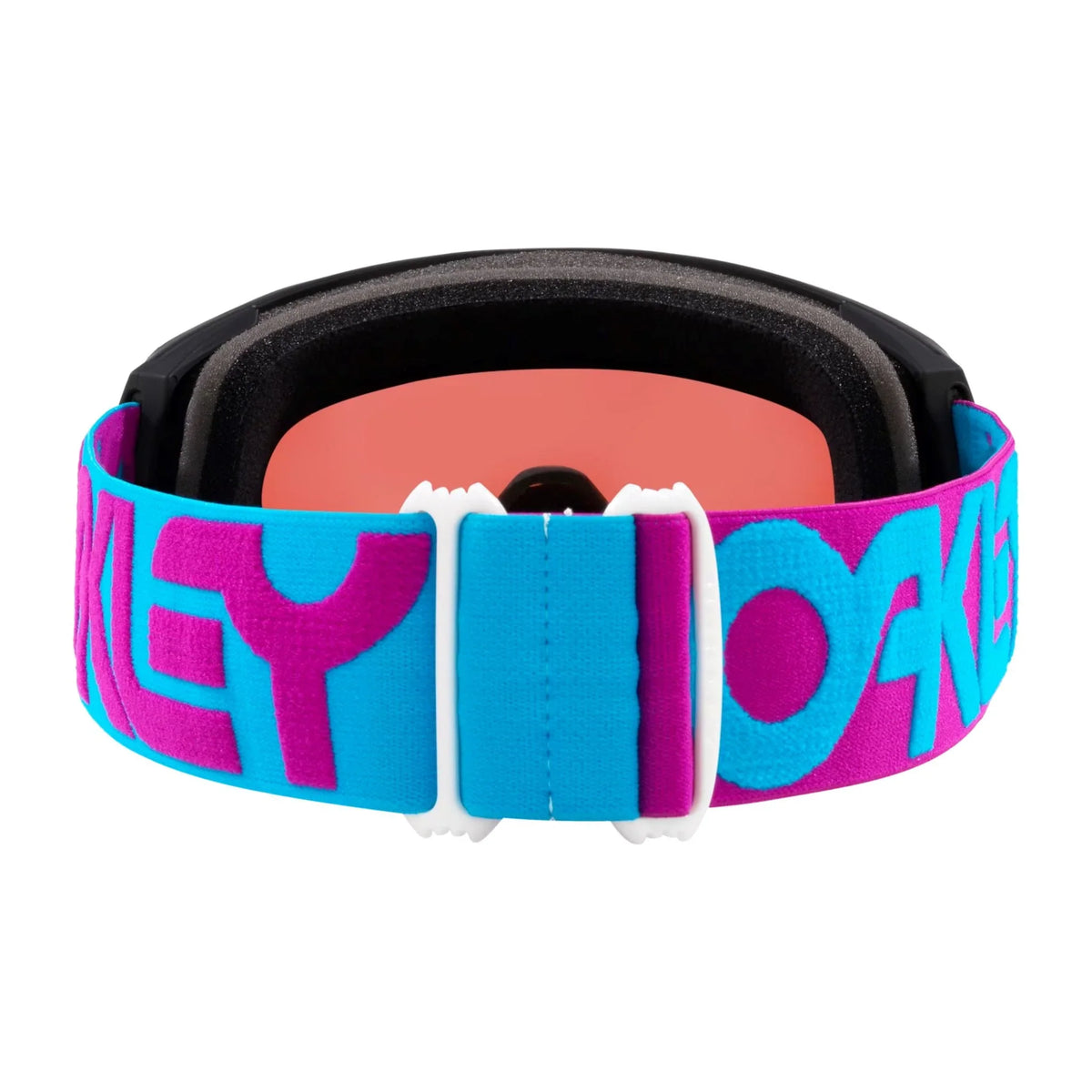 Ski goggles head strap close-up, blue webbing with pink OAKLEY text and white adjust block