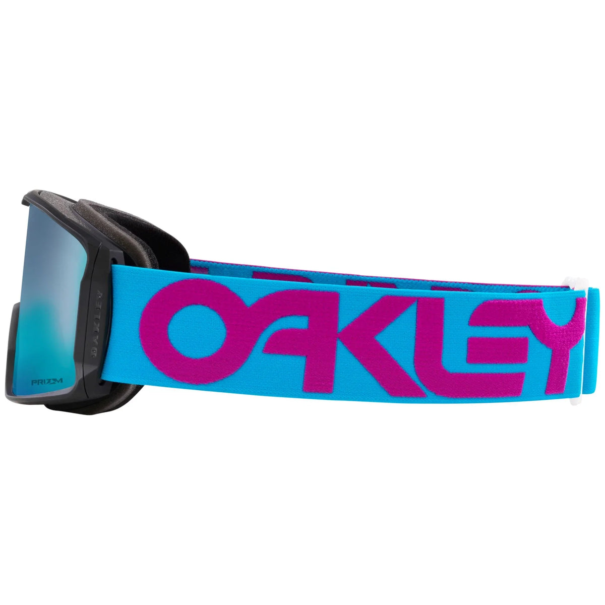 Ski goggles side profile, blue strap with large pink OAKLEY logo, black frame
