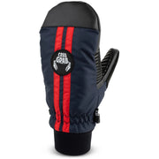 Insulated slap mitt with dark blue body, red racing stripes, and Crab Grab logo patch.