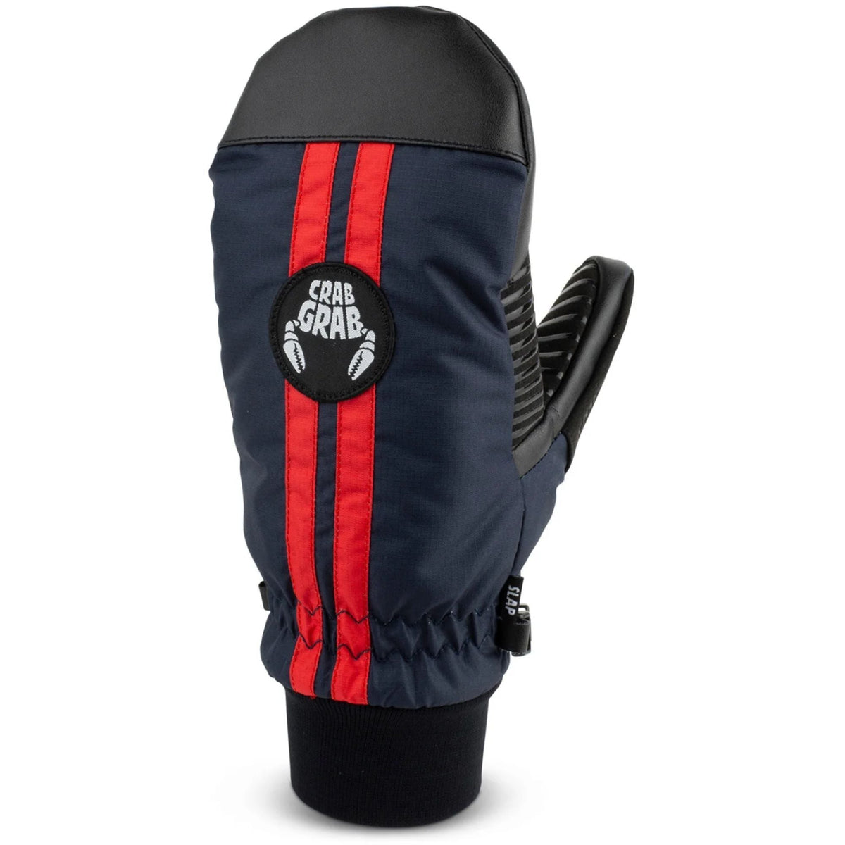 Insulated slap mitt with dark blue body, red racing stripes, and Crab Grab logo patch.